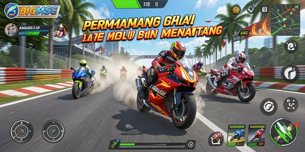Tampilan utama gameplay BIGMSG menampilkan aksi balap motor yang mendebarkan.